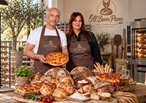 Marketing per panifici il caso Al Buon Pane di Massafra Titolari del panificio Al Buon Pane di Massafra con il pane a lievito madre