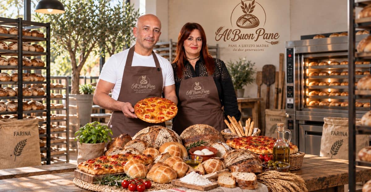Titolari del panificio Al Buon Pane di Massafra con il pane a lievito madre